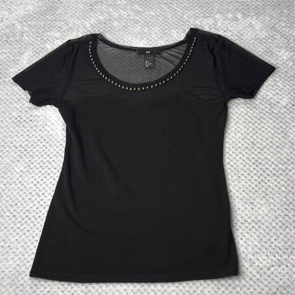 H&M Shirt Womens Small Black Semi-Sheer Top Brass Studded Scoop Neck Tee - Picture 6 of 15